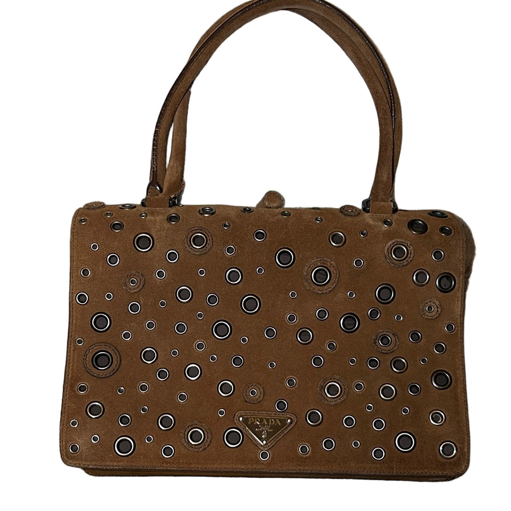 353. Prada Brown Suede Grommet Frame Shoulder Bag/coa